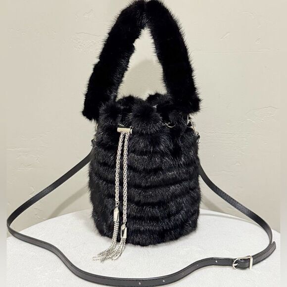 Black Multi Use Handmade Genuine Mink Fur & Drawstring Bucket Bag with 3 Straps - Picture 1 of 16